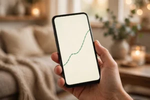 Hand holding a phone showing a high-yield savings account app, the best place to keep an emergency fund