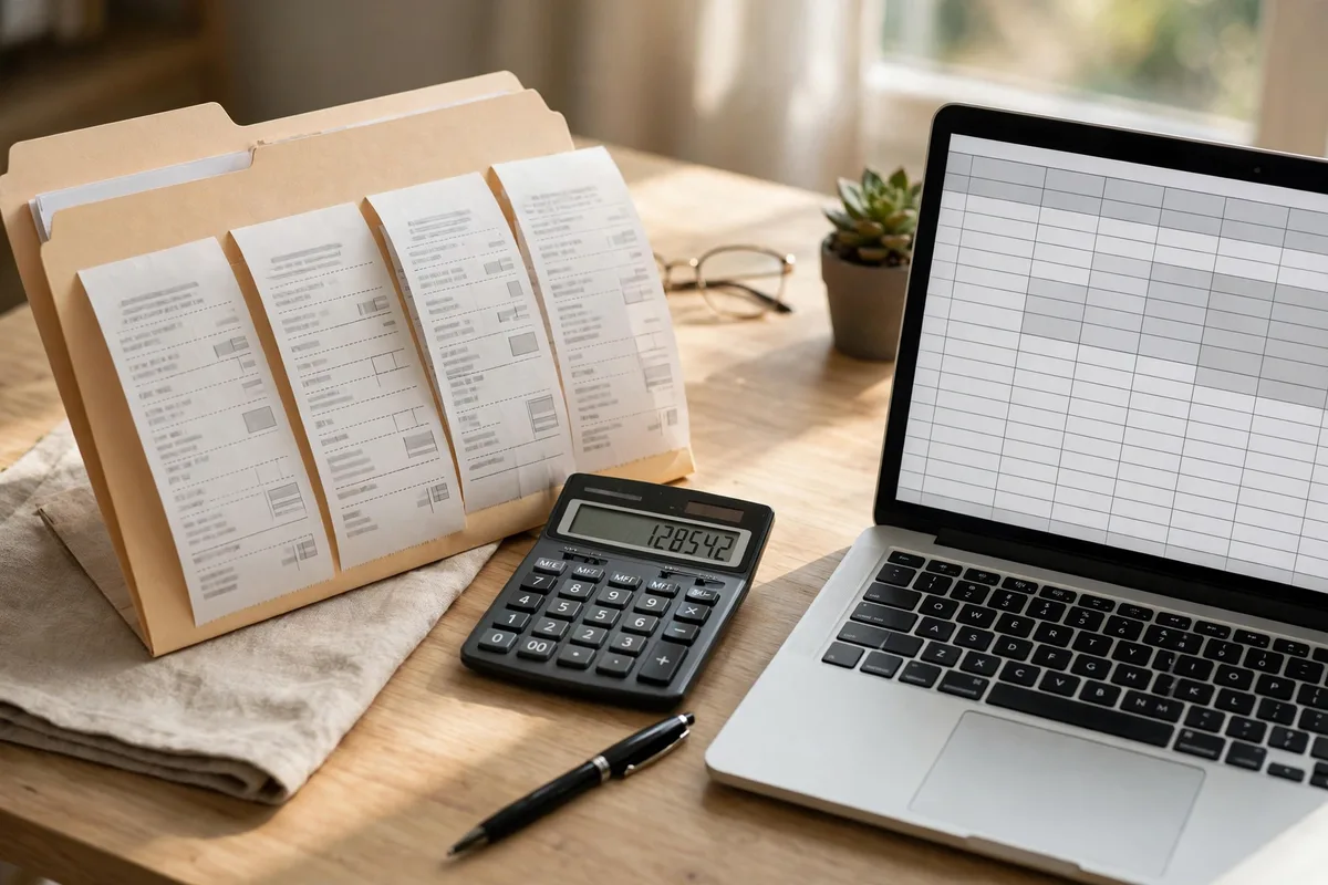 Folder with receipts and a laptop spreadsheet for how to buy your first crypto safely
