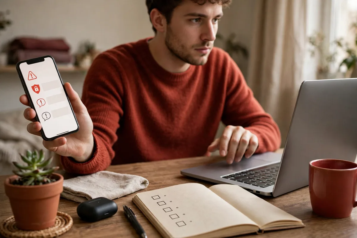Person holding a phone with warning signs at a desk for how to buy your first crypto safely
