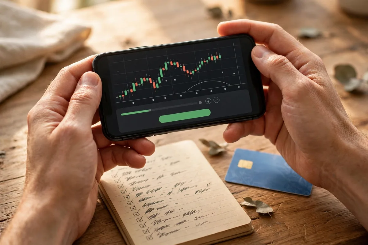 Hands holding a phone with a crypto chart and a bank card for how to buy your first crypto safely