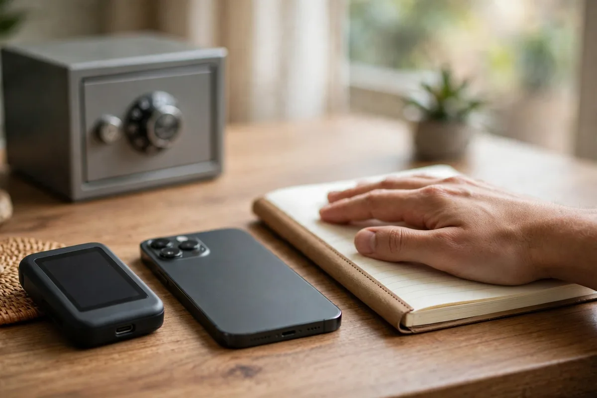 Hardware wallet device and phone on a desk for how to buy your first crypto safely