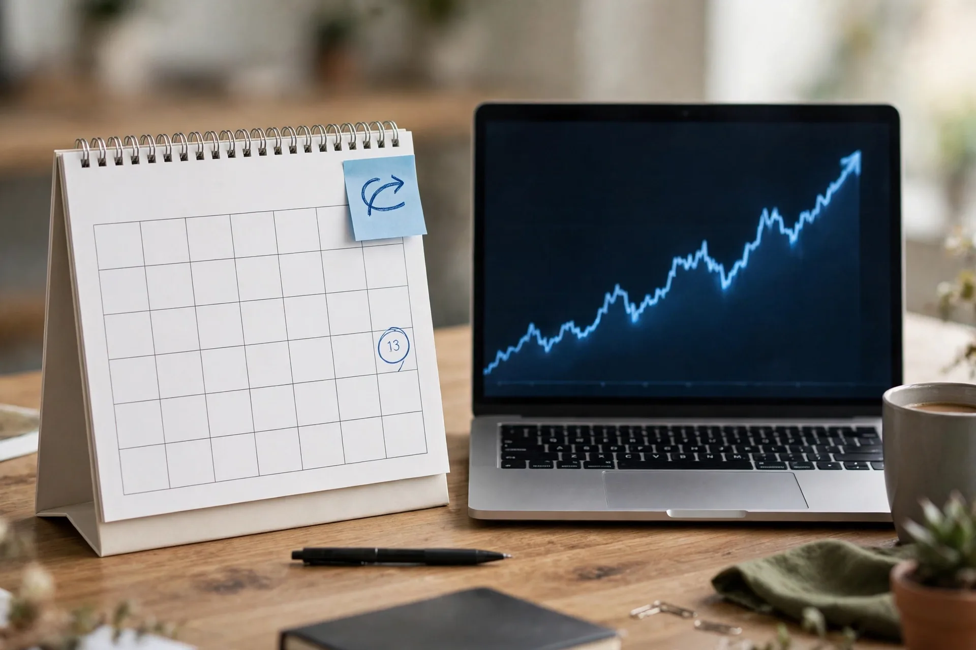 A monthly automatic investing reminder on a calendar beside a laptop