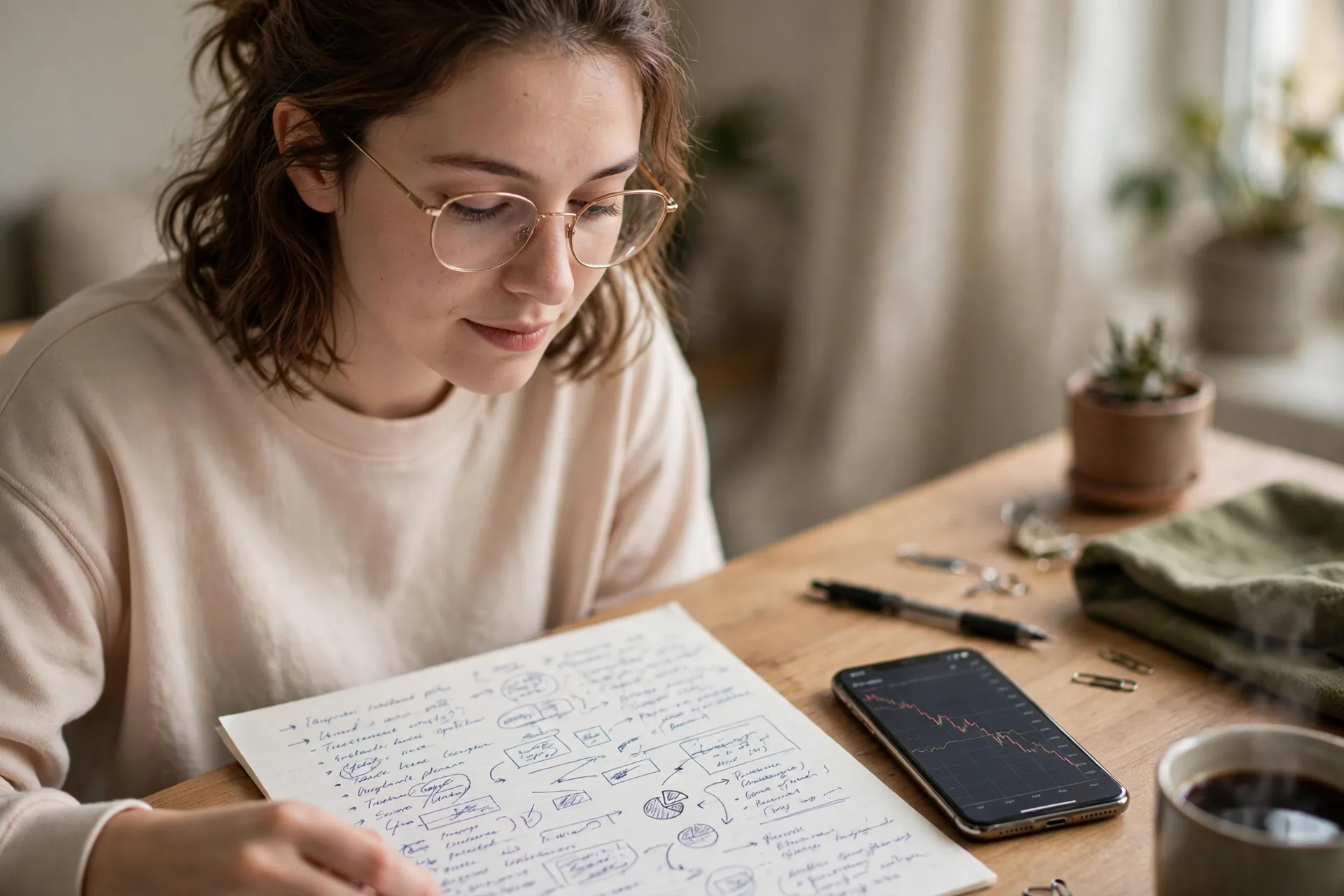 A beginner reviewing a written investment plan beside a phone showing a falling chart