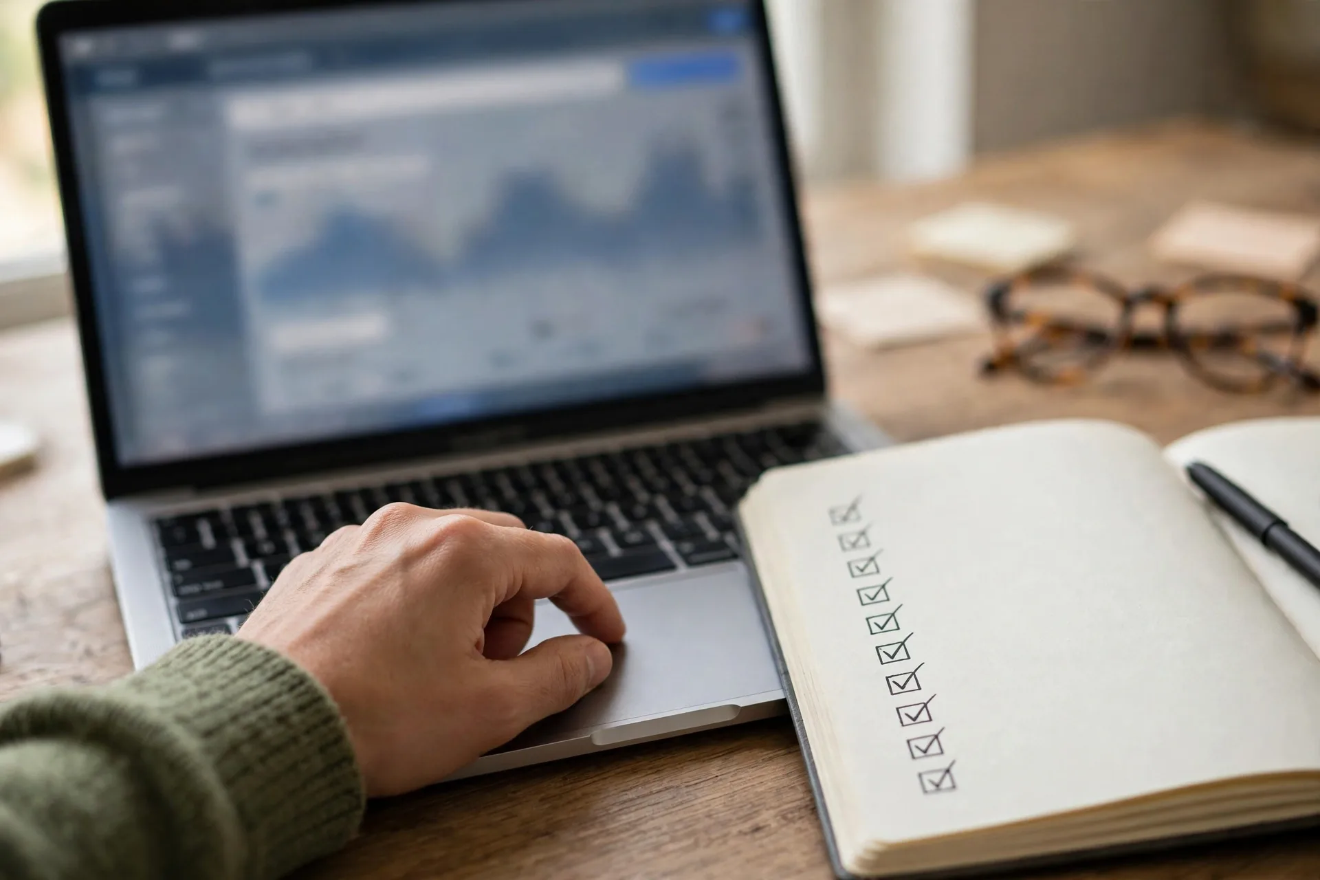 A beginner placing their first stock buy order on a laptop with a checklist for how to buy your first stock