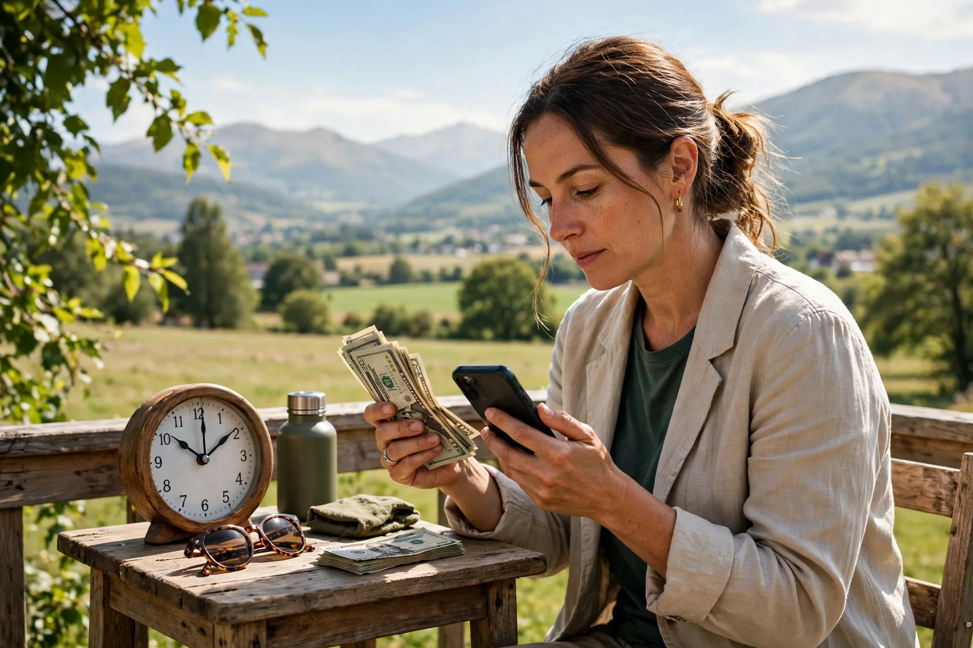 Person holding cash and a phone at a desk, showing how to make money in one hour