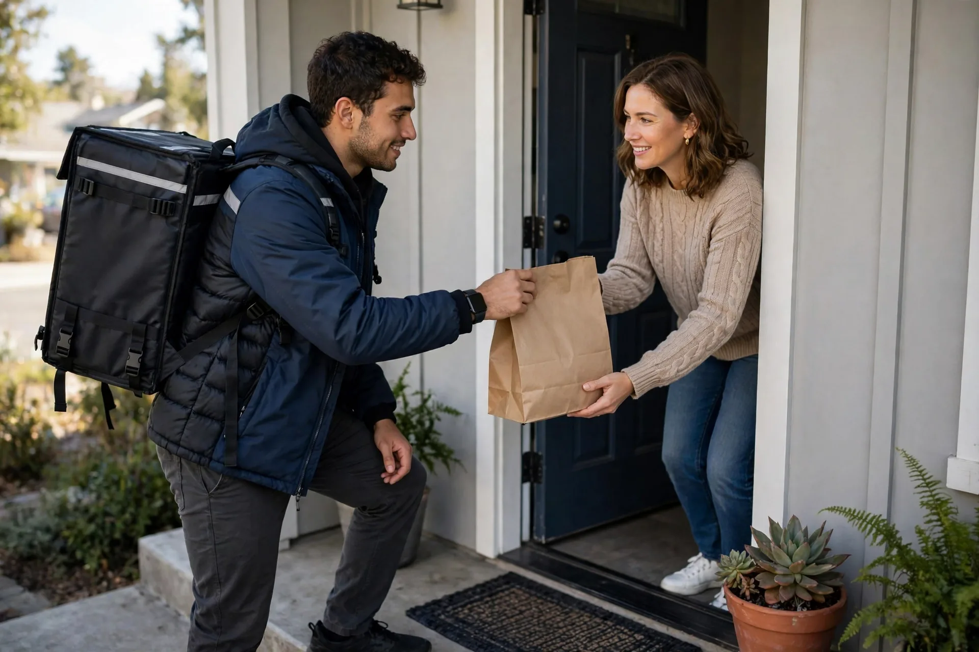 Food delivery courier handing an order to a customer, earning money in one hour