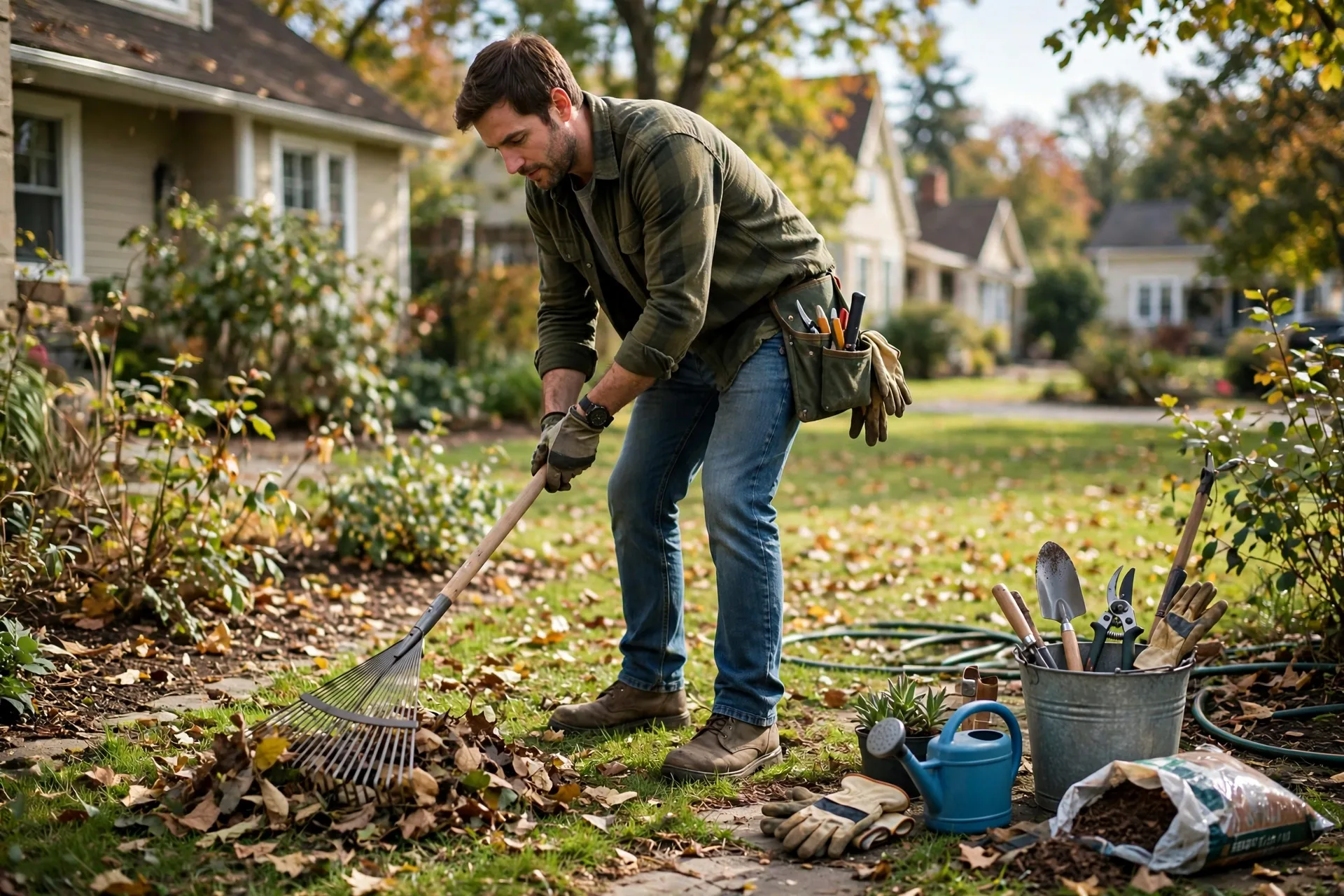 Person doing yard work in a neighborhood, a local way to make money in one hour