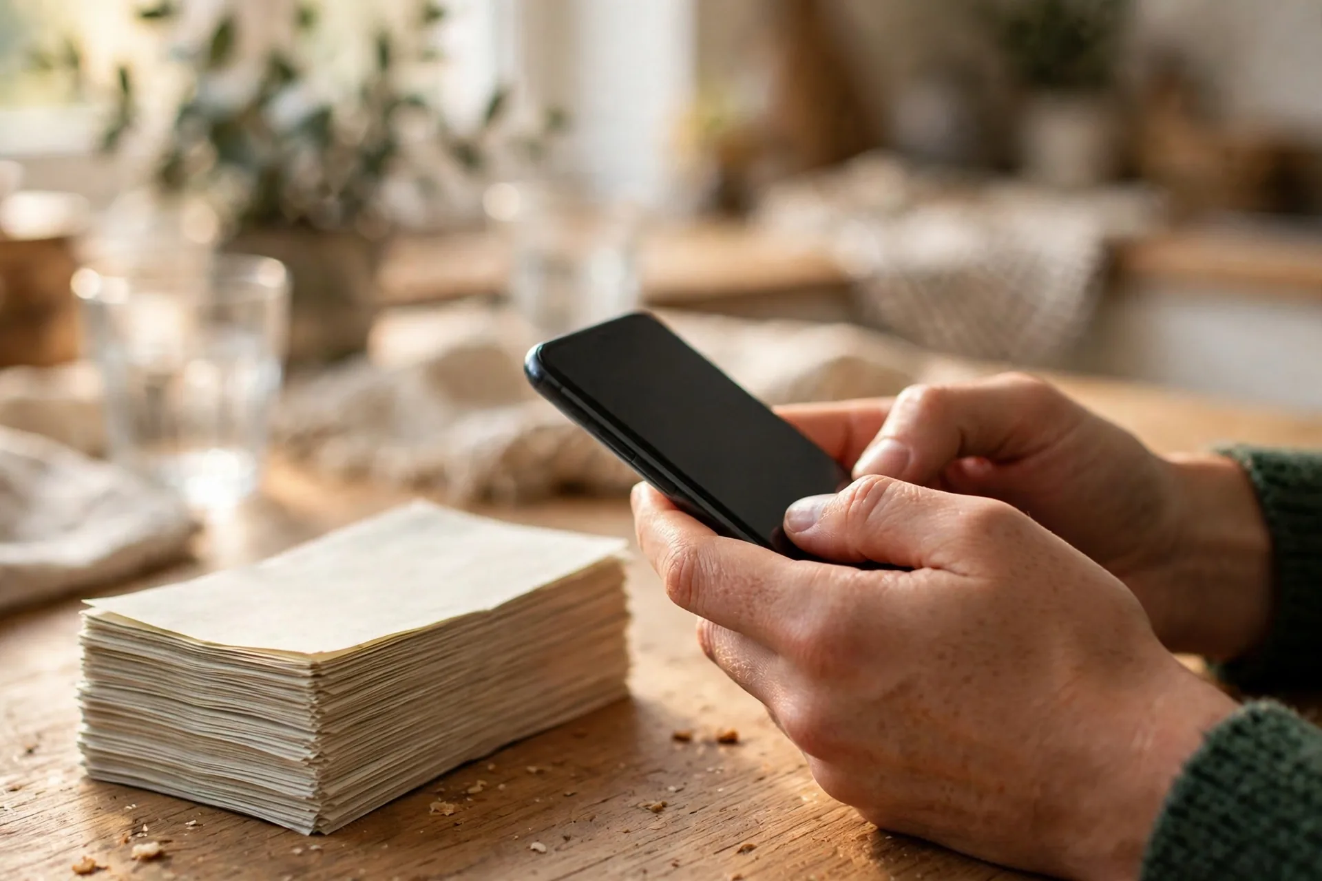 Person holding a smartphone beside a stack of monthly bills while preparing to negotiate bills