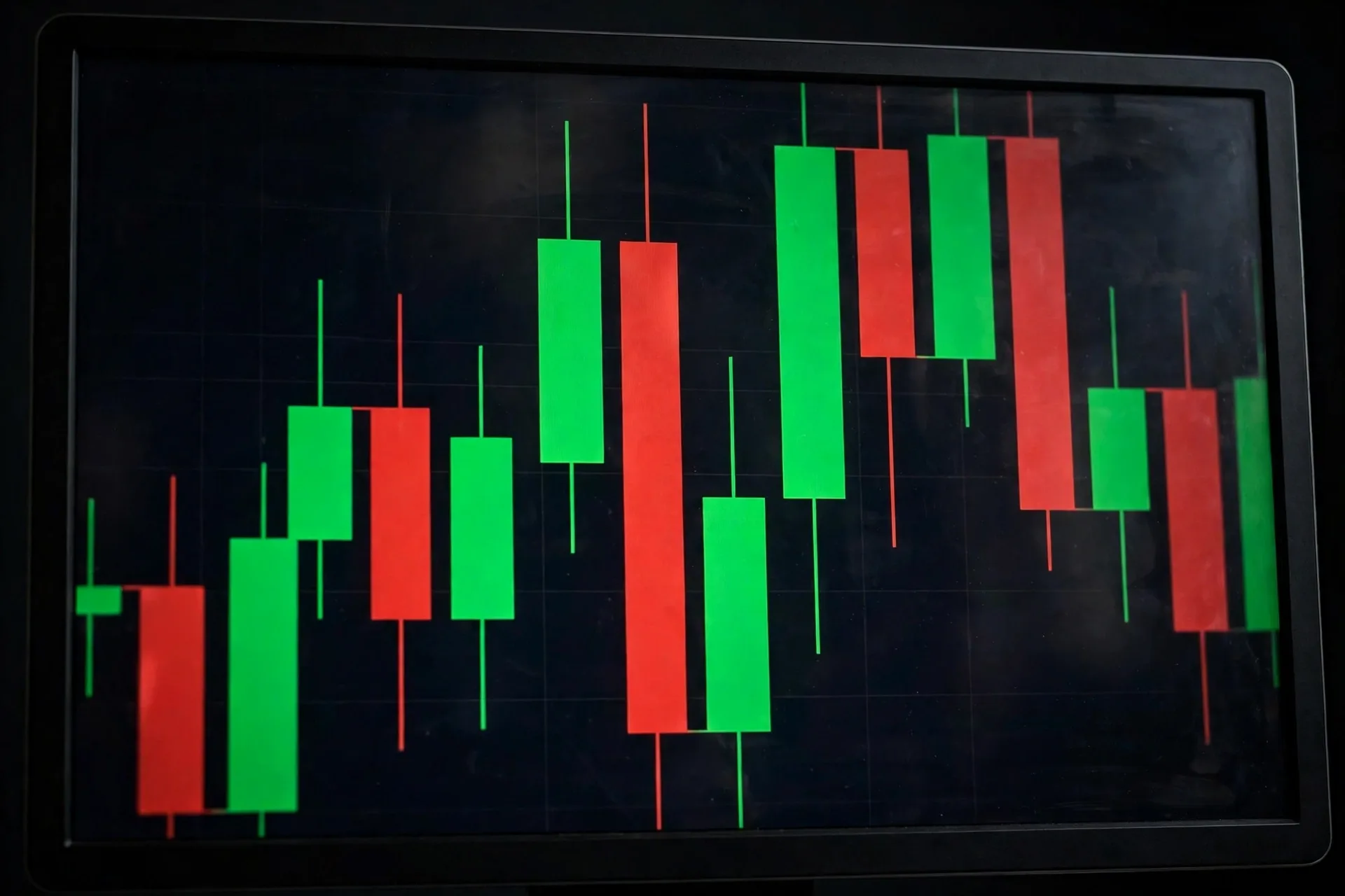 Close-up of green and red candlesticks on a crypto price chart for how to read a crypto price chart