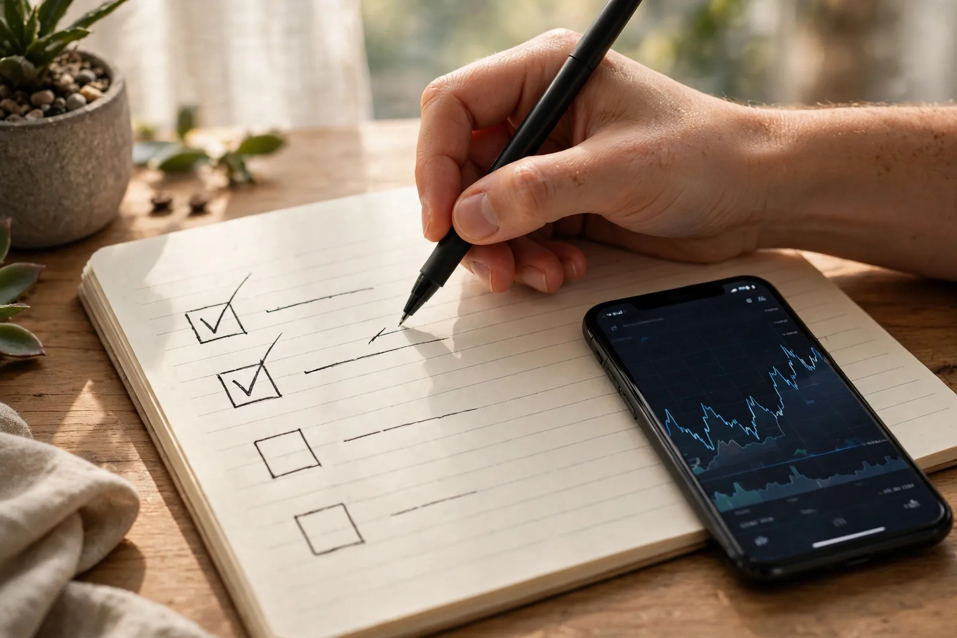 Hand ticking a checklist next to a phone showing a crypto price chart for how to read a crypto price chart checklist