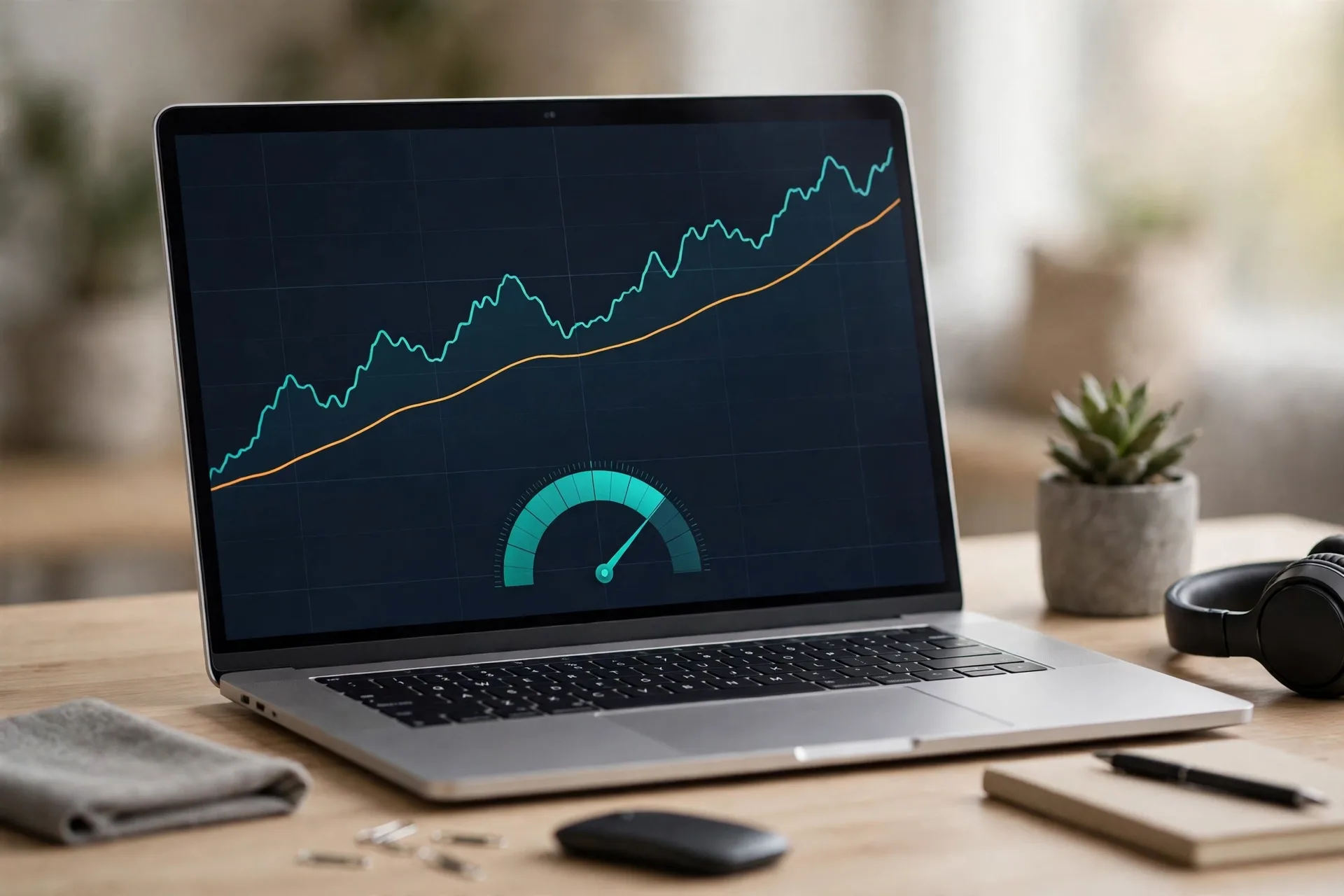 Laptop showing a crypto price chart with a moving average line and momentum gauge for how to read a crypto price chart indicators