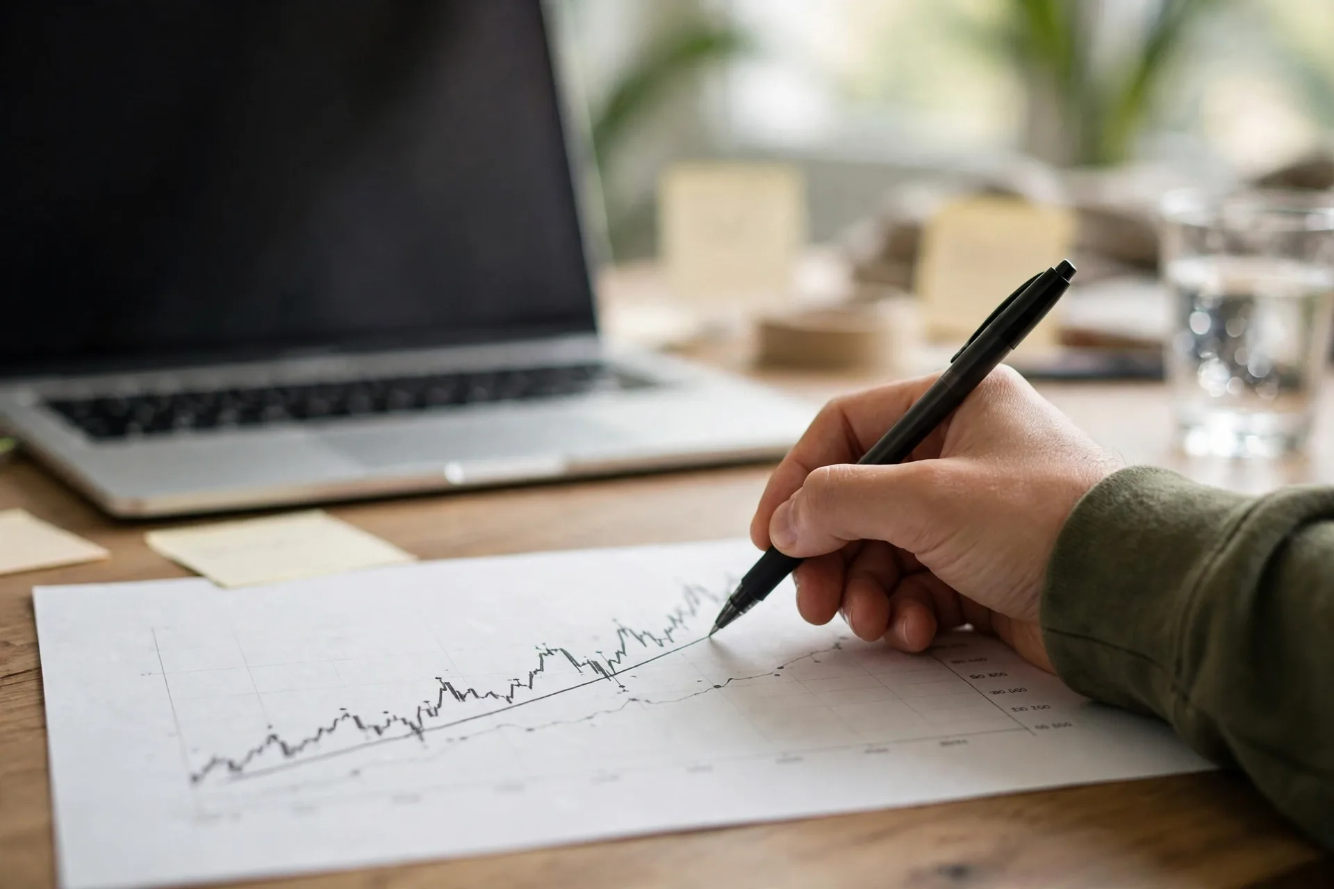 Person drawing a trend line on a printed crypto price chart for how to read a crypto price chart trend