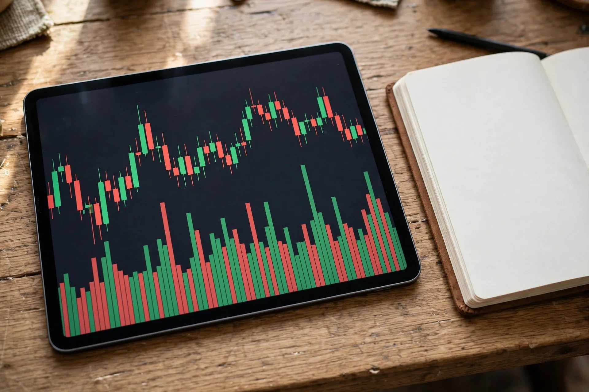 Tablet showing a crypto price chart with volume bars for how to read a crypto price chart volume