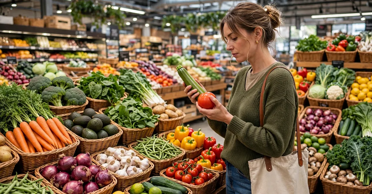 Woman shopping for affordable groceries in a produce aisle to save money on groceries