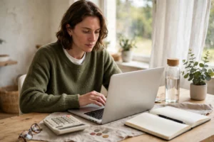 Person reviewing monthly expenses on a laptop to set up a 50/30/20 budget