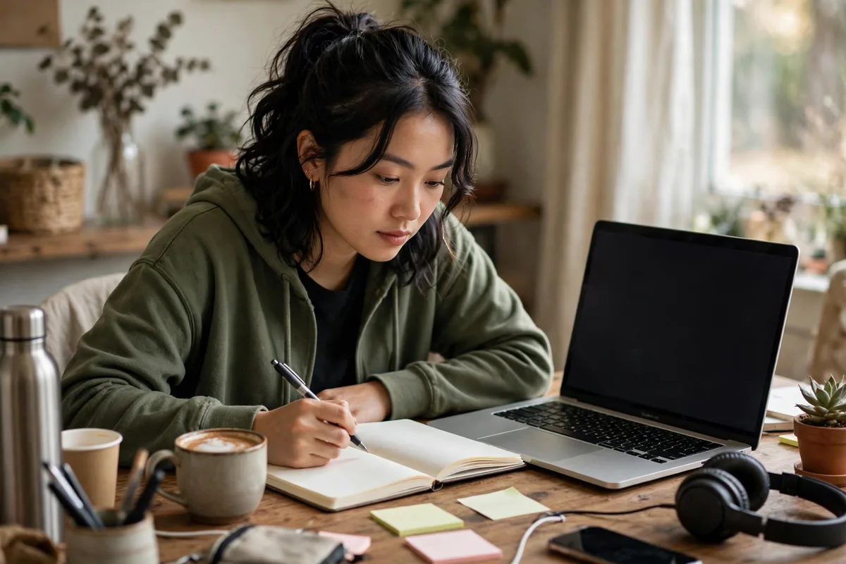 A creator reviewing monetization options for a blog that makes money at a desk