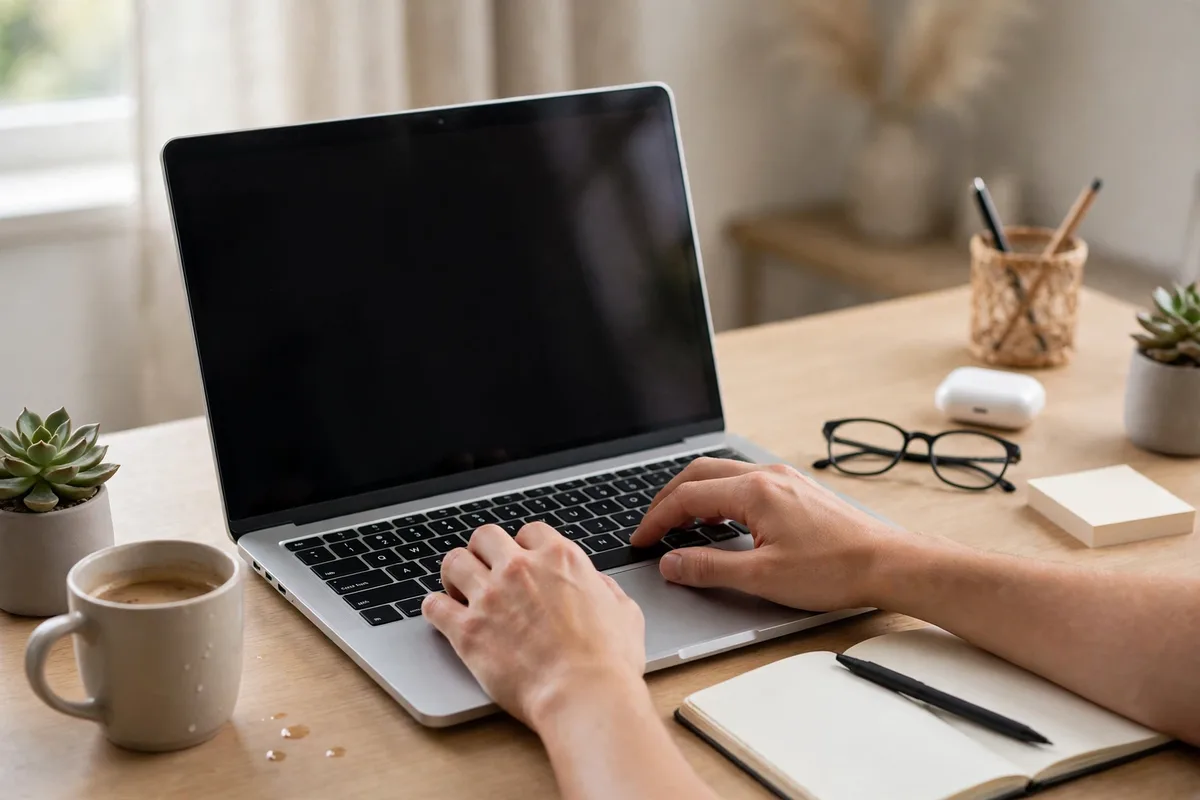 Hands setting up a blog that makes money on a laptop at a clean desk