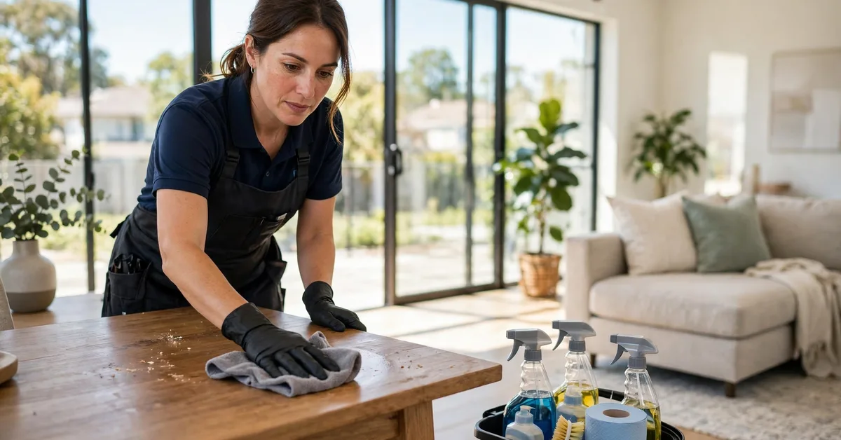Professional cleaner cleaning a bright living room for a cleaning business