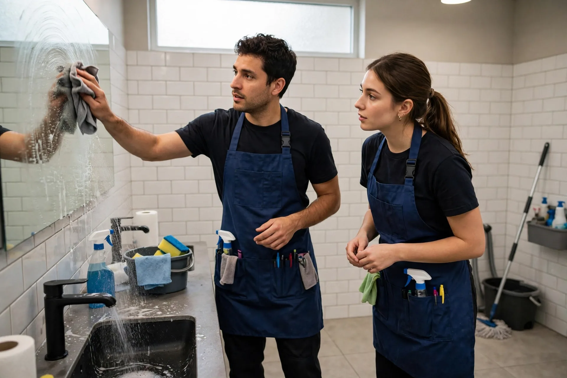 Two cleaners training together on bathroom cleaning for a cleaning business