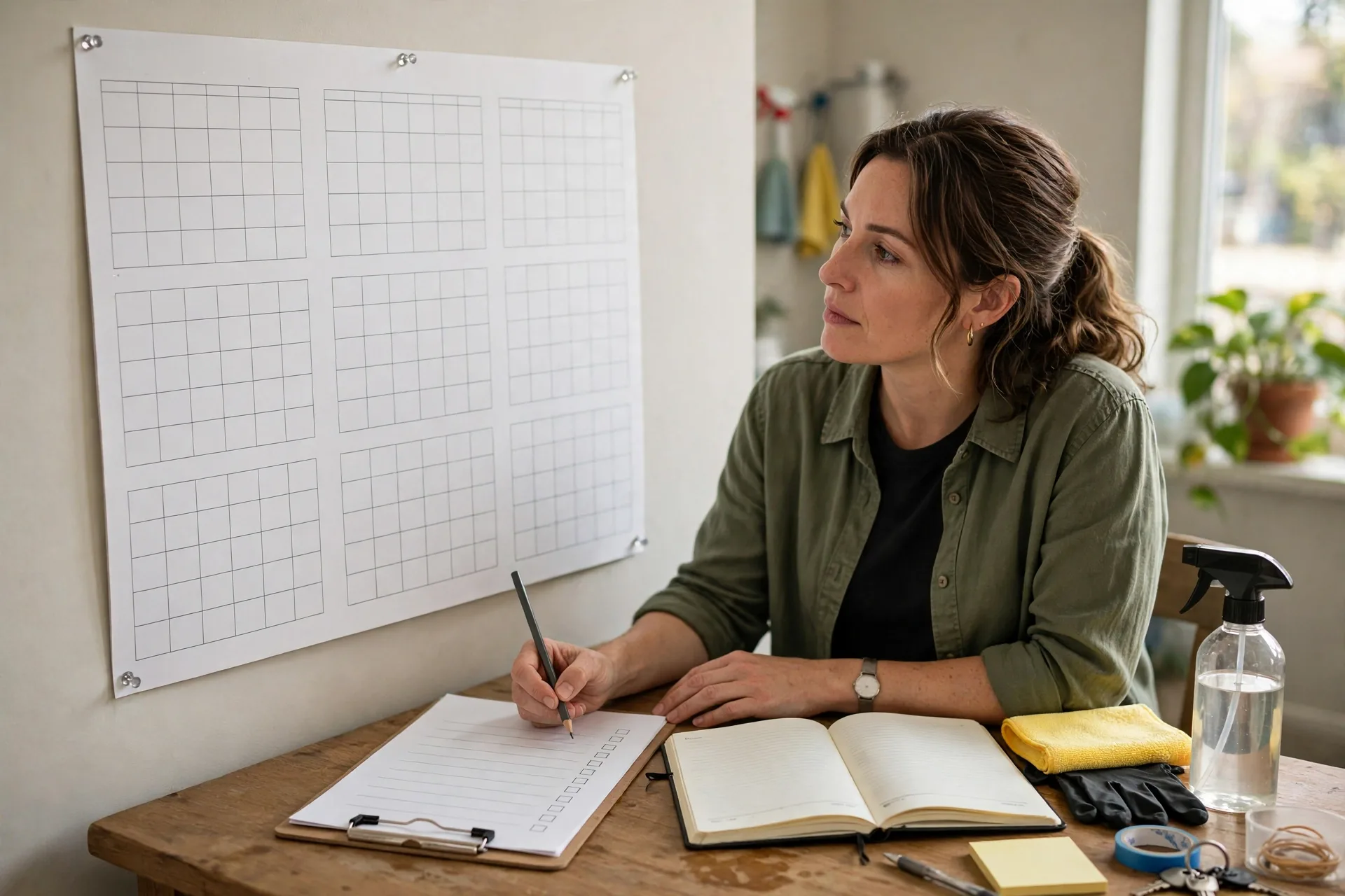 Cleaning business owner reviewing a 90 day calendar and checklist at a desk