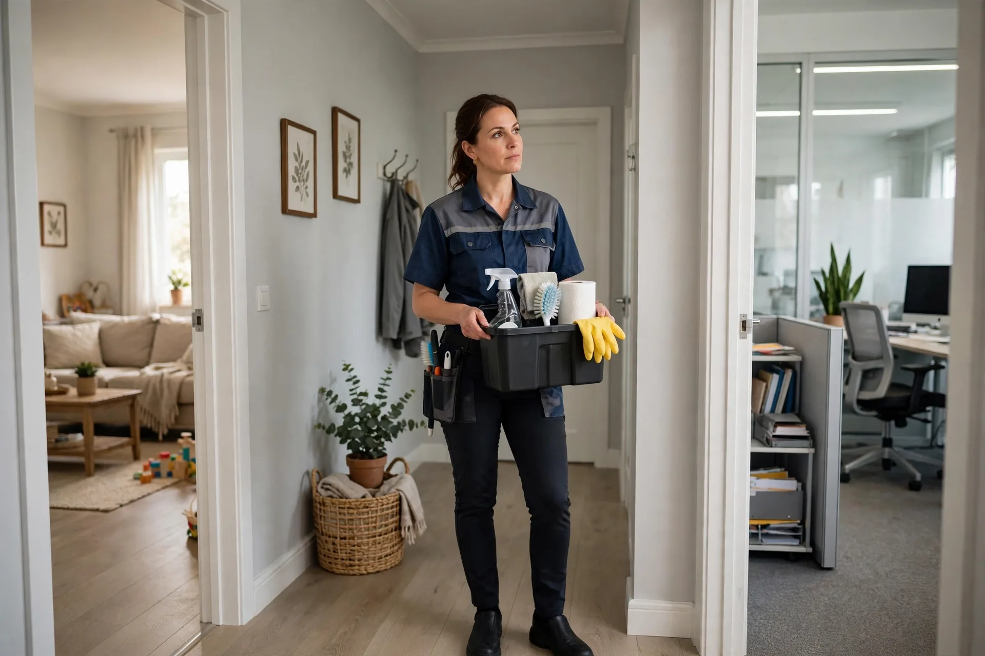 Cleaner with a cleaning caddy choosing a cleaning business niche in a home hallway