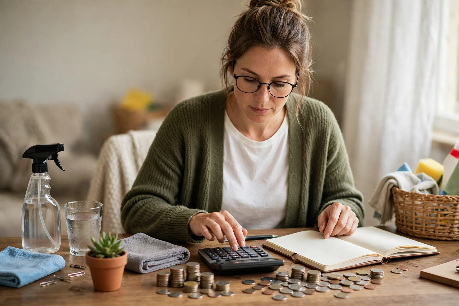 Person calculating cleaning business prices with a notebook and calculator at a desk