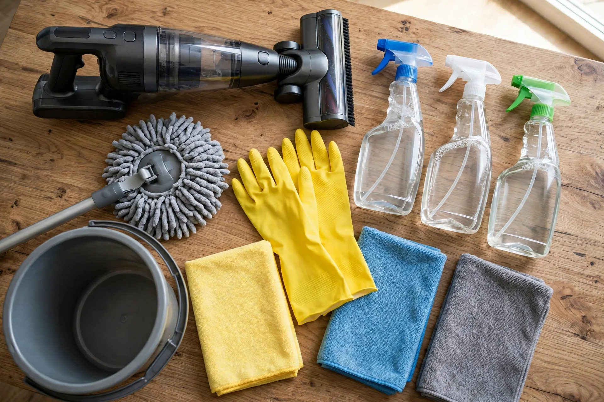 Cleaning business starter kit with vacuum, mop, cloths and spray bottles on a table