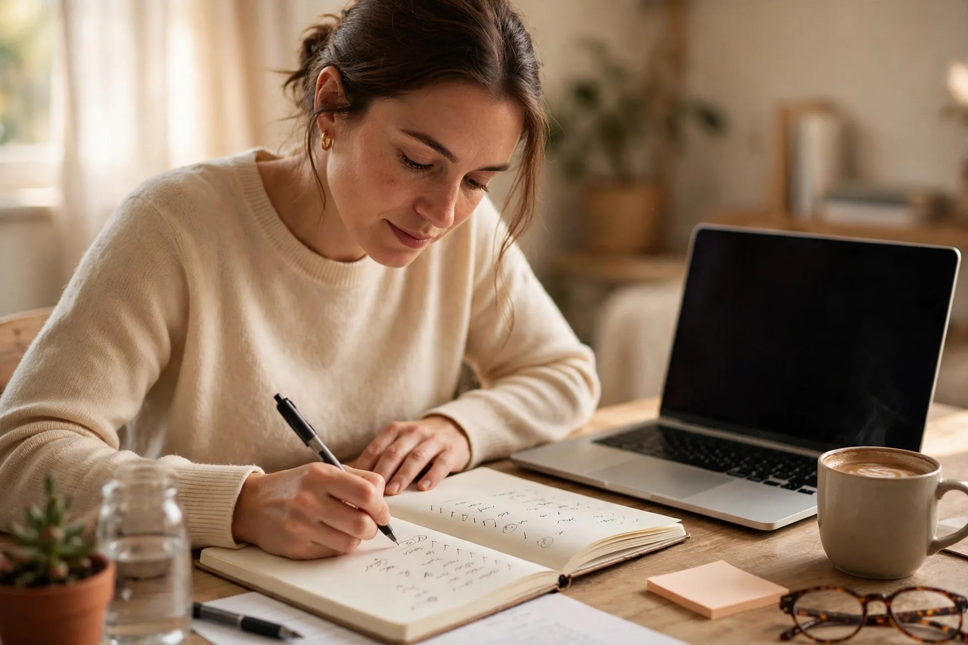 Beginner writing a skill list in a notebook to choose a service for a new freelancing business