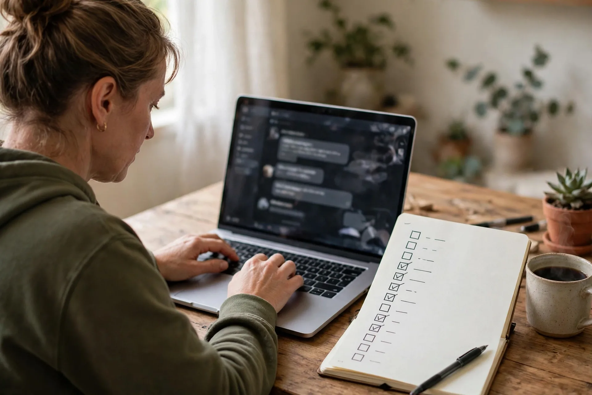 Freelancer checking client messages and a checklist while doing outreach for first freelancing clients