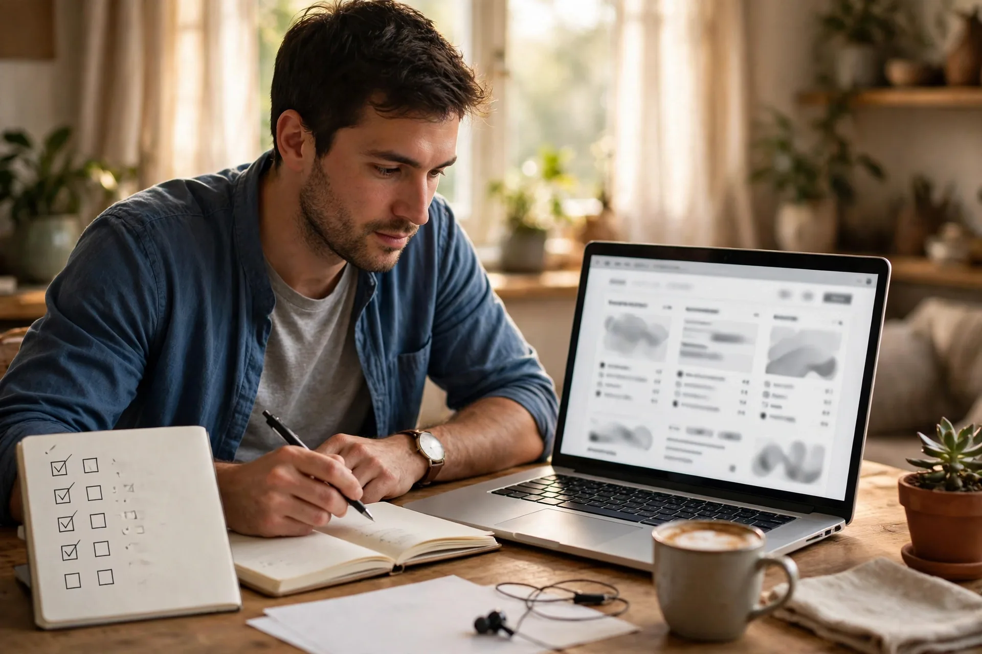 Freelancer reviewing freelance platform listings on a laptop with a pitch checklist