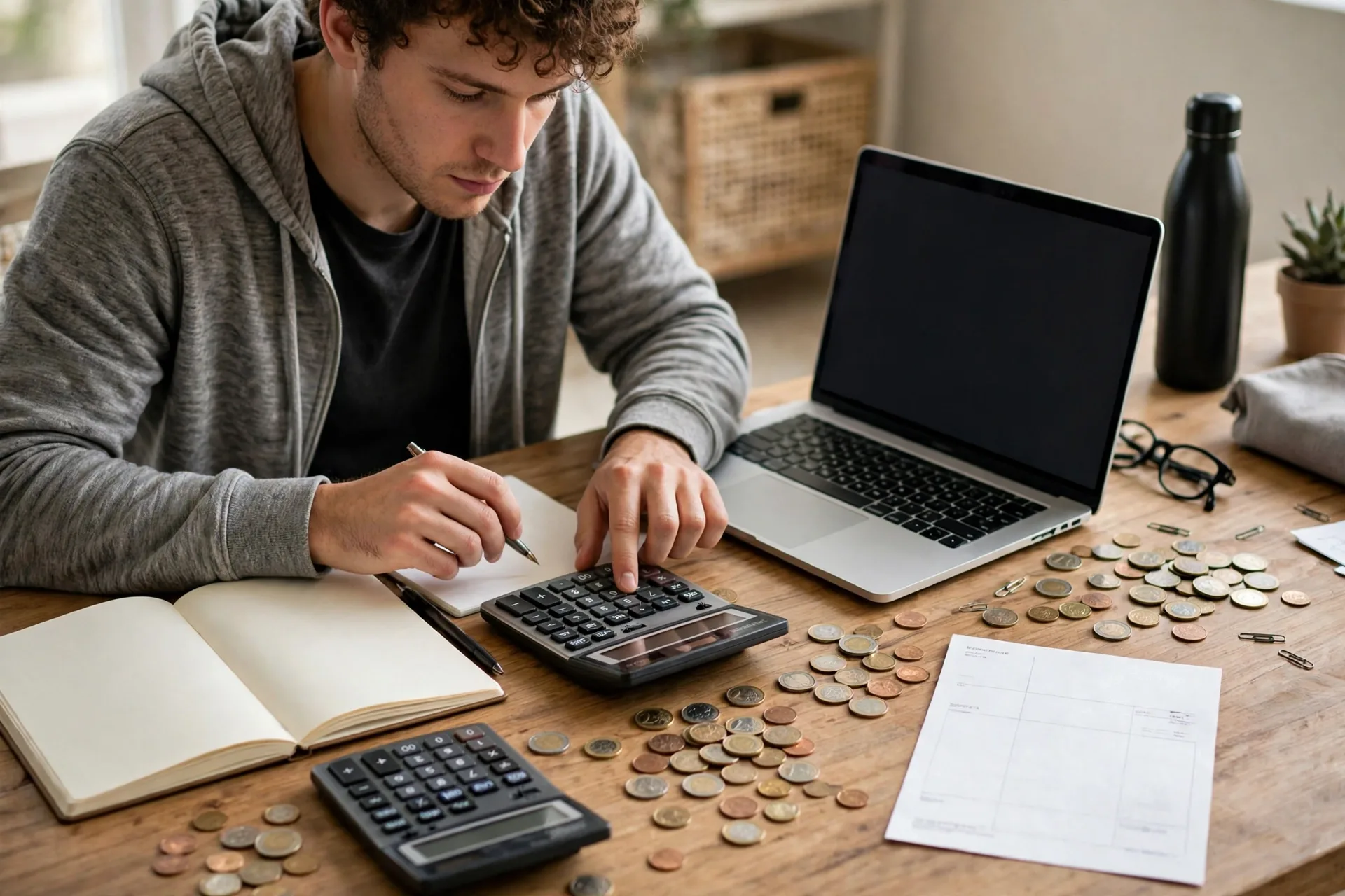 Freelancer calculating freelance rates with a calculator and coins on a desk