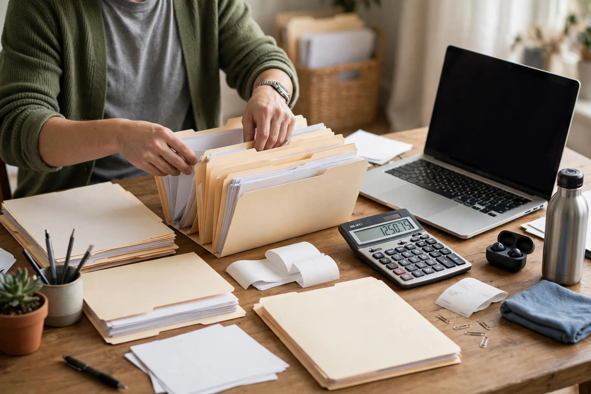 Freelancer organizing tax folders, receipts, and a calculator for freelance tax records