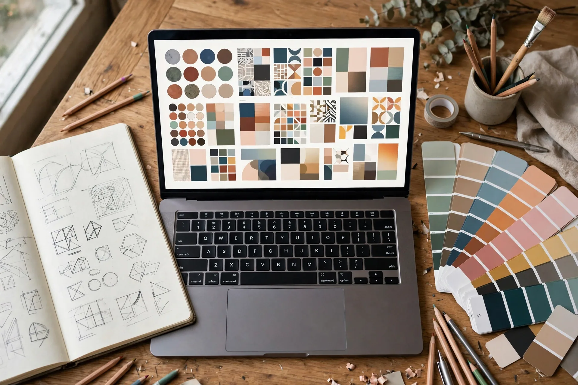 Design portfolio samples on a laptop screen for a new freelancing business portfolio