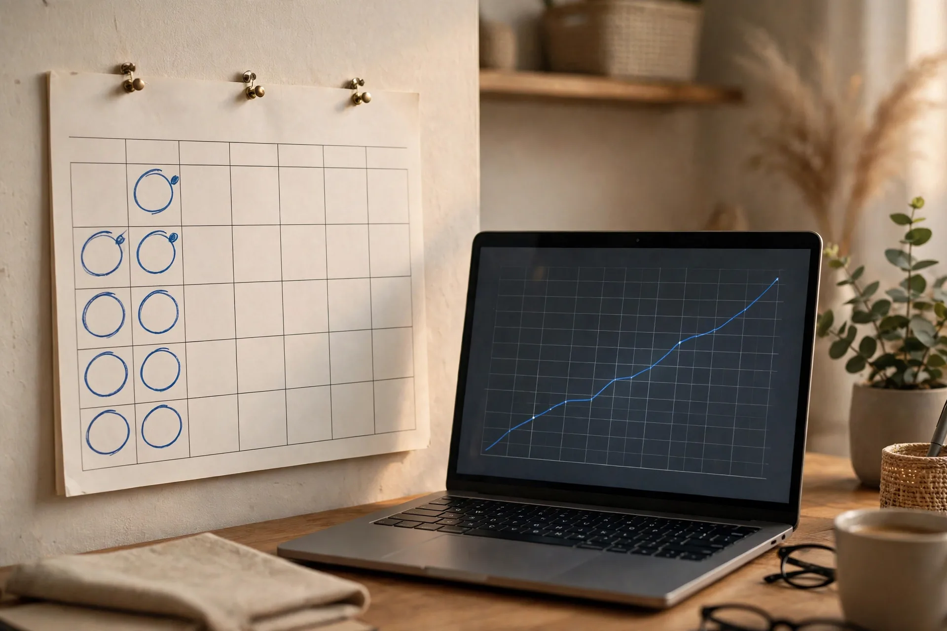 A wall calendar with a monthly reminder next to a laptop showing a growing investment chart