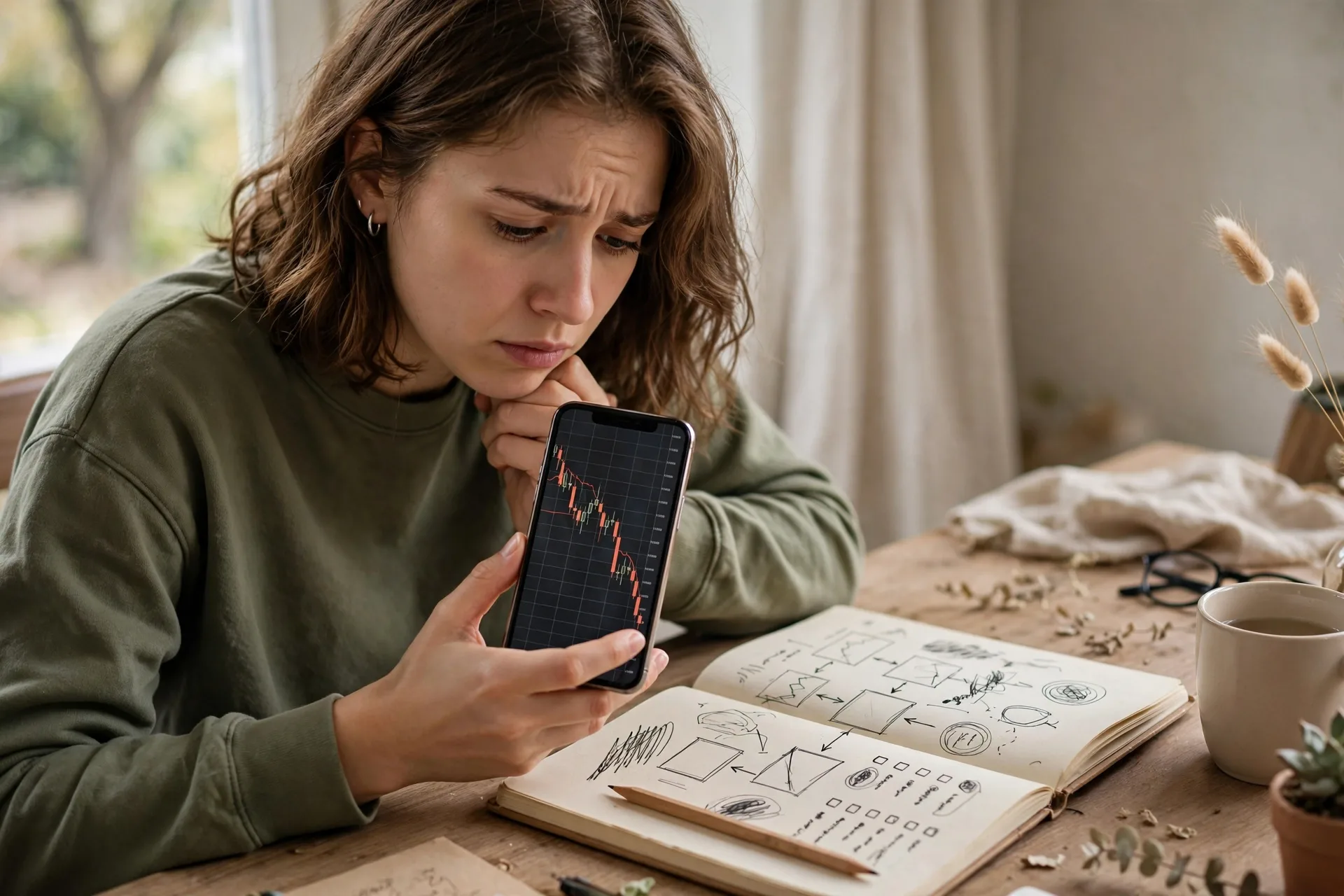 A person looking at a falling chart on a phone with a calm written investment plan beside it