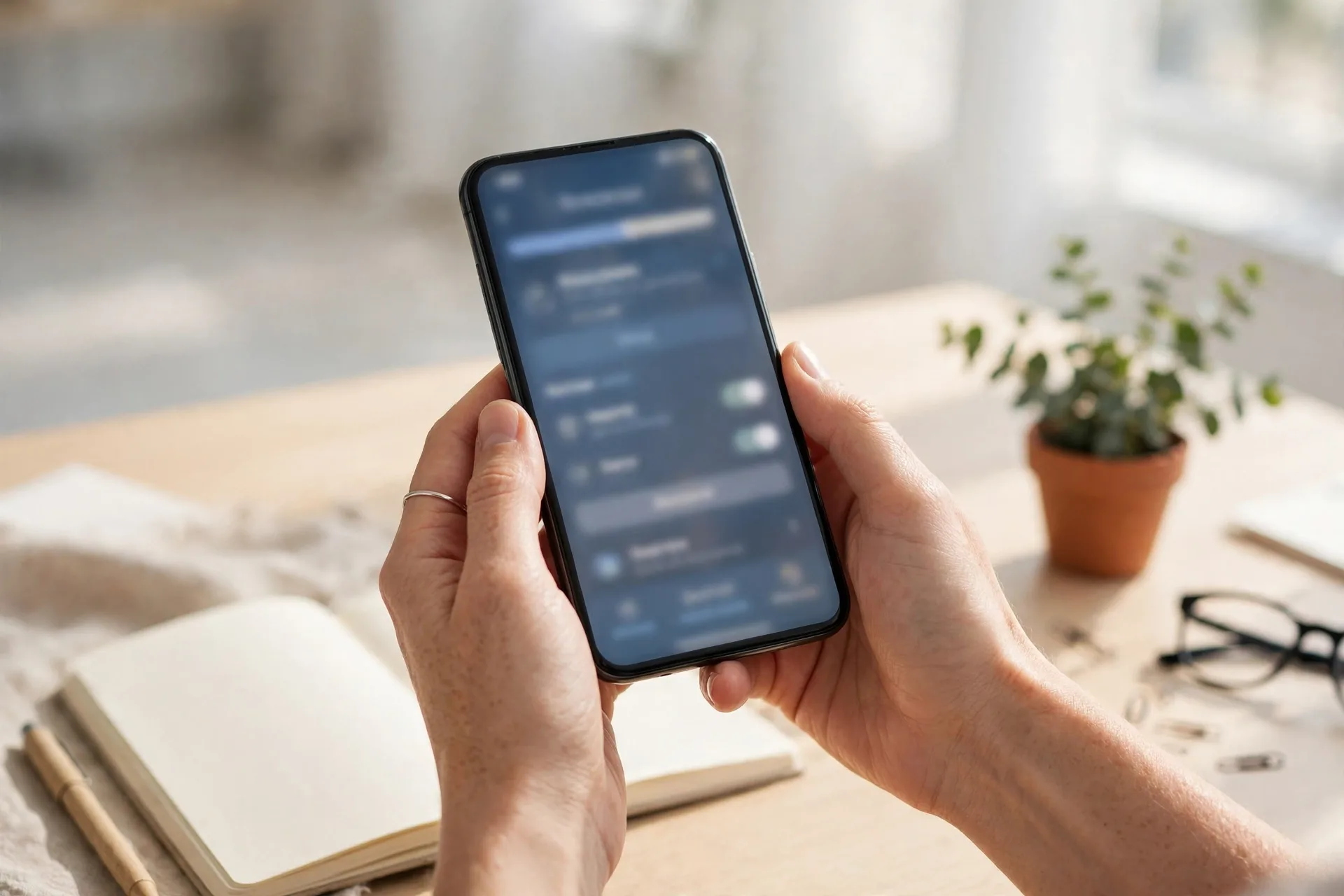 Hands holding a smartphone showing a brokerage account setup for index fund investing