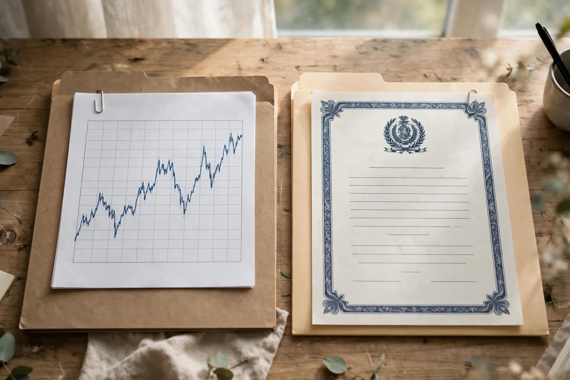 Two folders on a desk comparing an index mutual fund and an index ETF for a beginner investor
