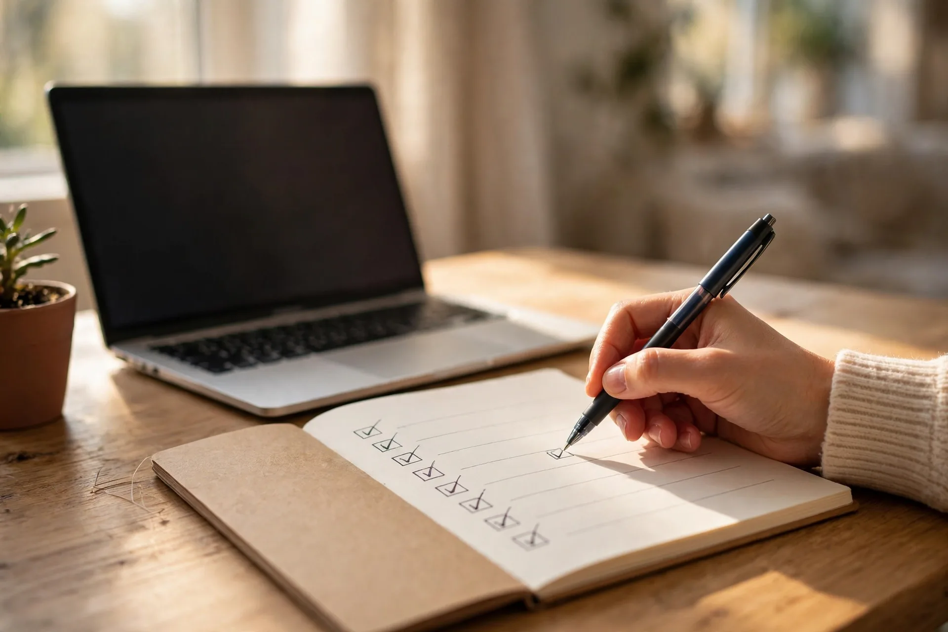 A notebook checklist, pen, and laptop on a desk showing the steps to start investing in index funds