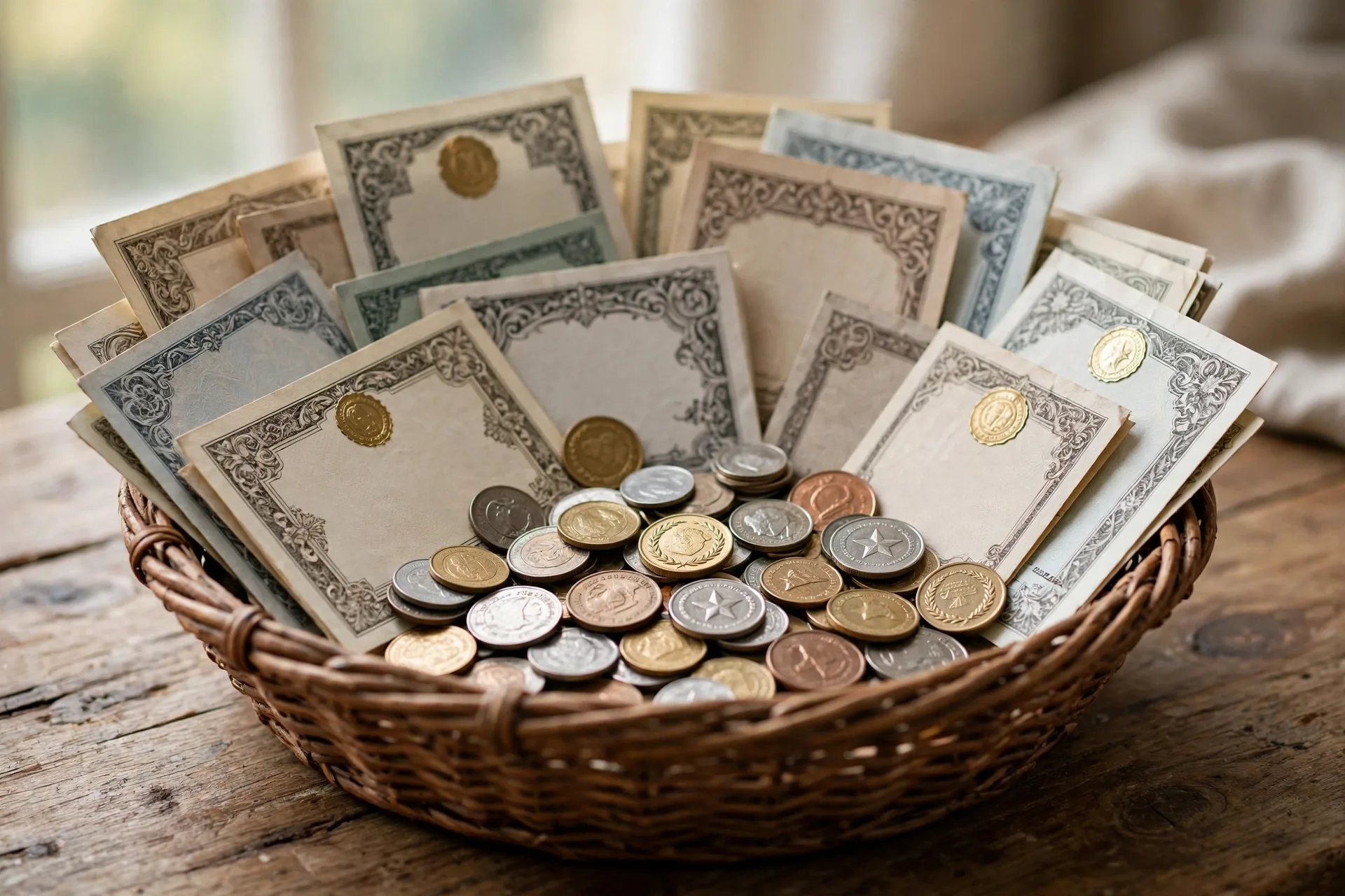 A basket of many different stocks and coins on a desk showing how one index fund holds many companies at once