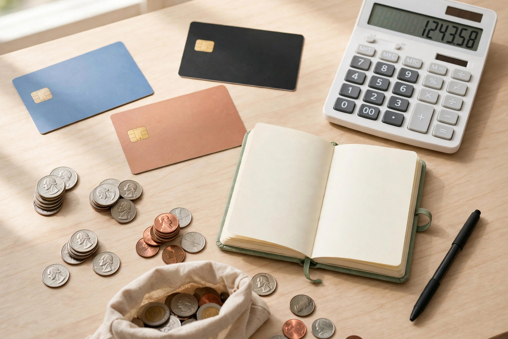 Credit cards and calculator showing how to lower credit utilization to improve a credit score