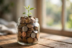 Glass jar of coins with a small plant growing, showing how investing $100 grows with compound interest