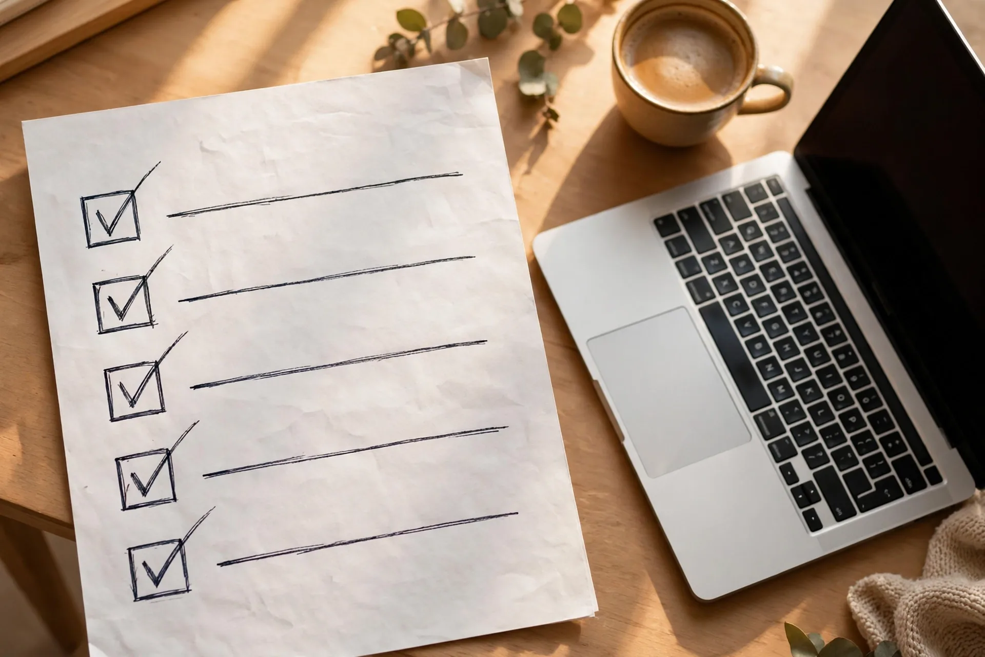 Checklist of beginner investing steps on a desk with a laptop, showing how to start after learning investing myths for beginners