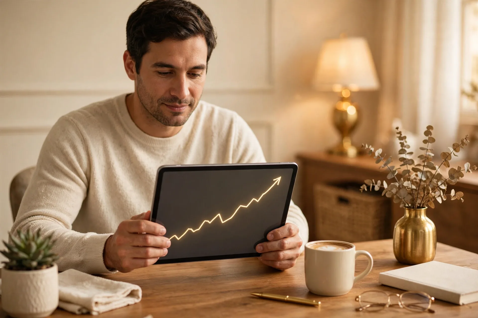 Calm investor reviewing a long-term stock market growth chart, addressing investing myths about risk