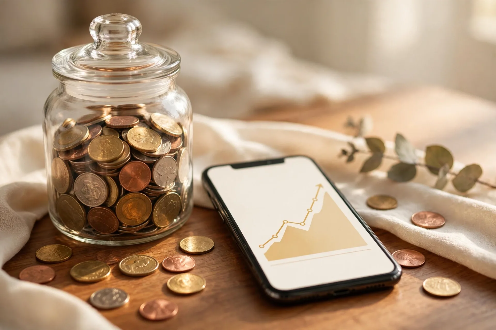 Savings jar and smartphone showing a beginner investing app, proving you can start investing with little money