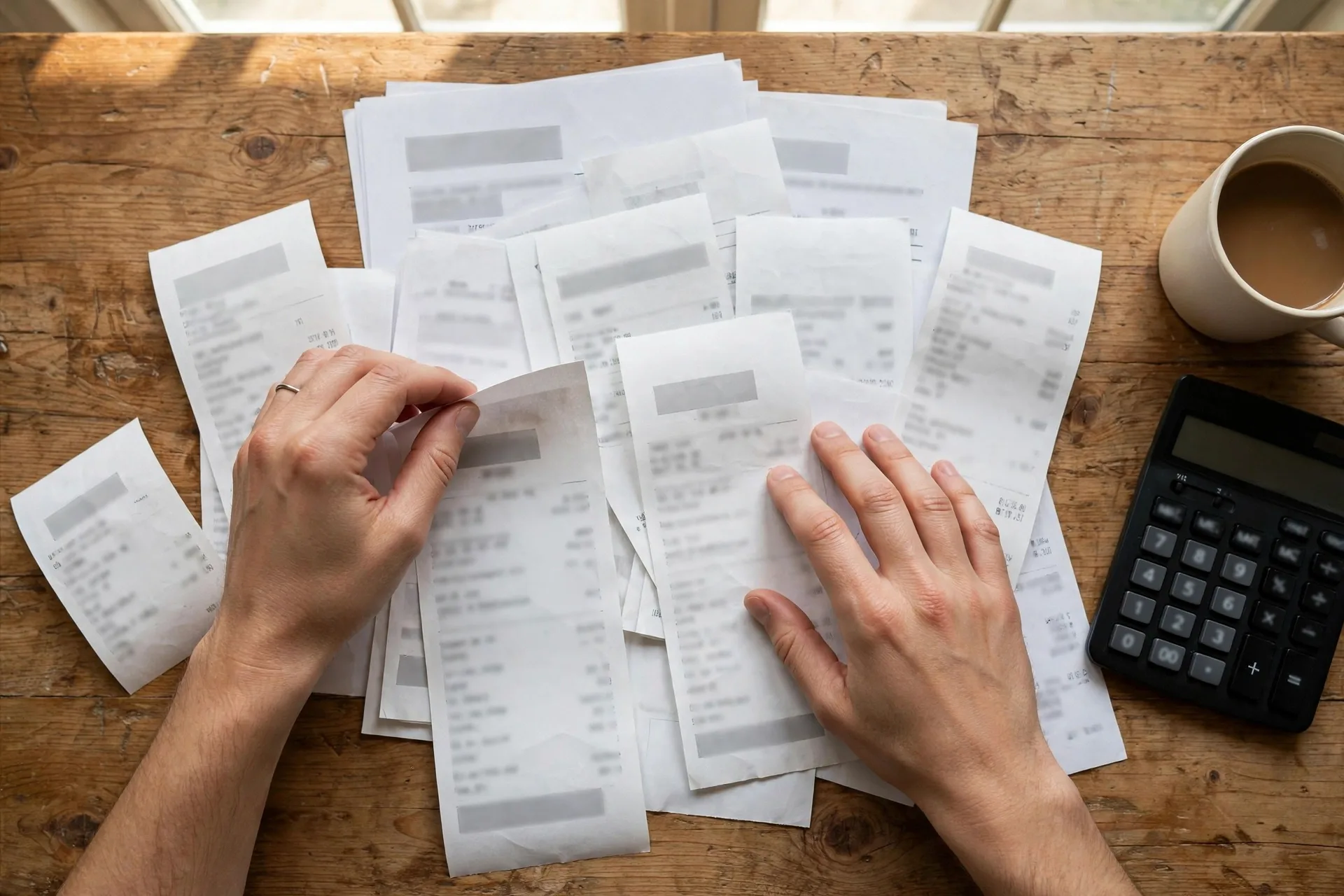 Hands sorting pay stubs and receipts to calculate a baseline income for an irregular income budget plan