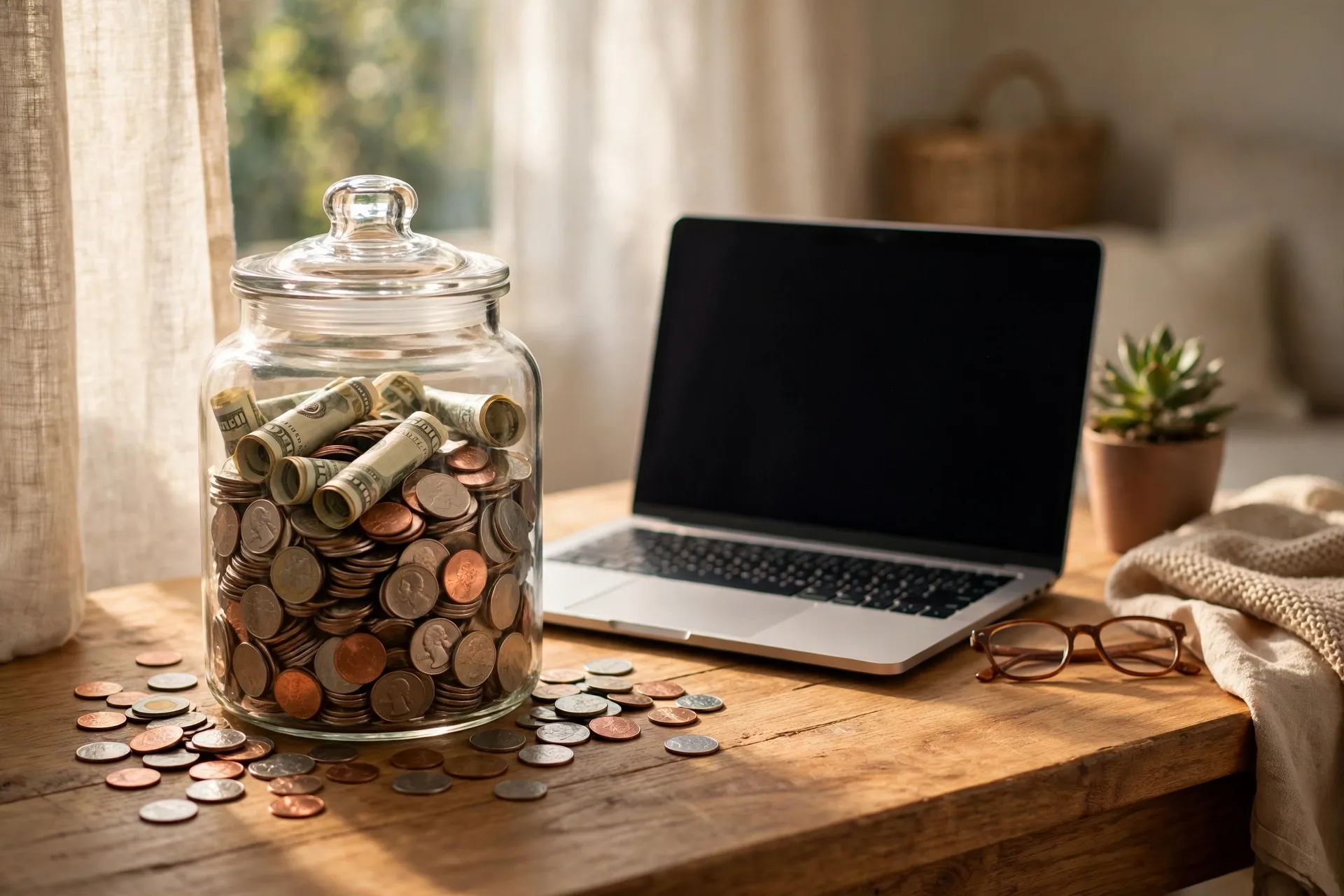 Savings jar with cash on a desk representing an income buffer account for fluctuating income