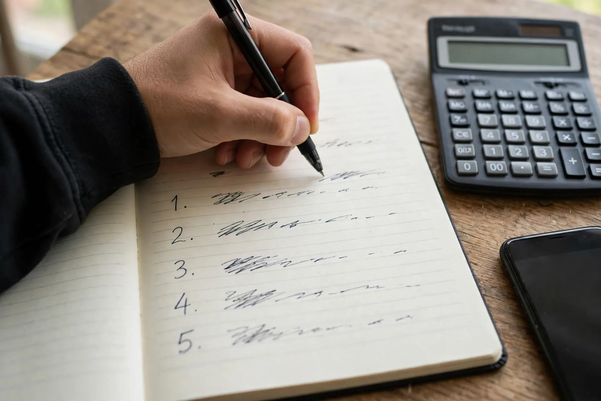Hand writing a priority spending list in a notebook for zero-based budgeting on irregular income