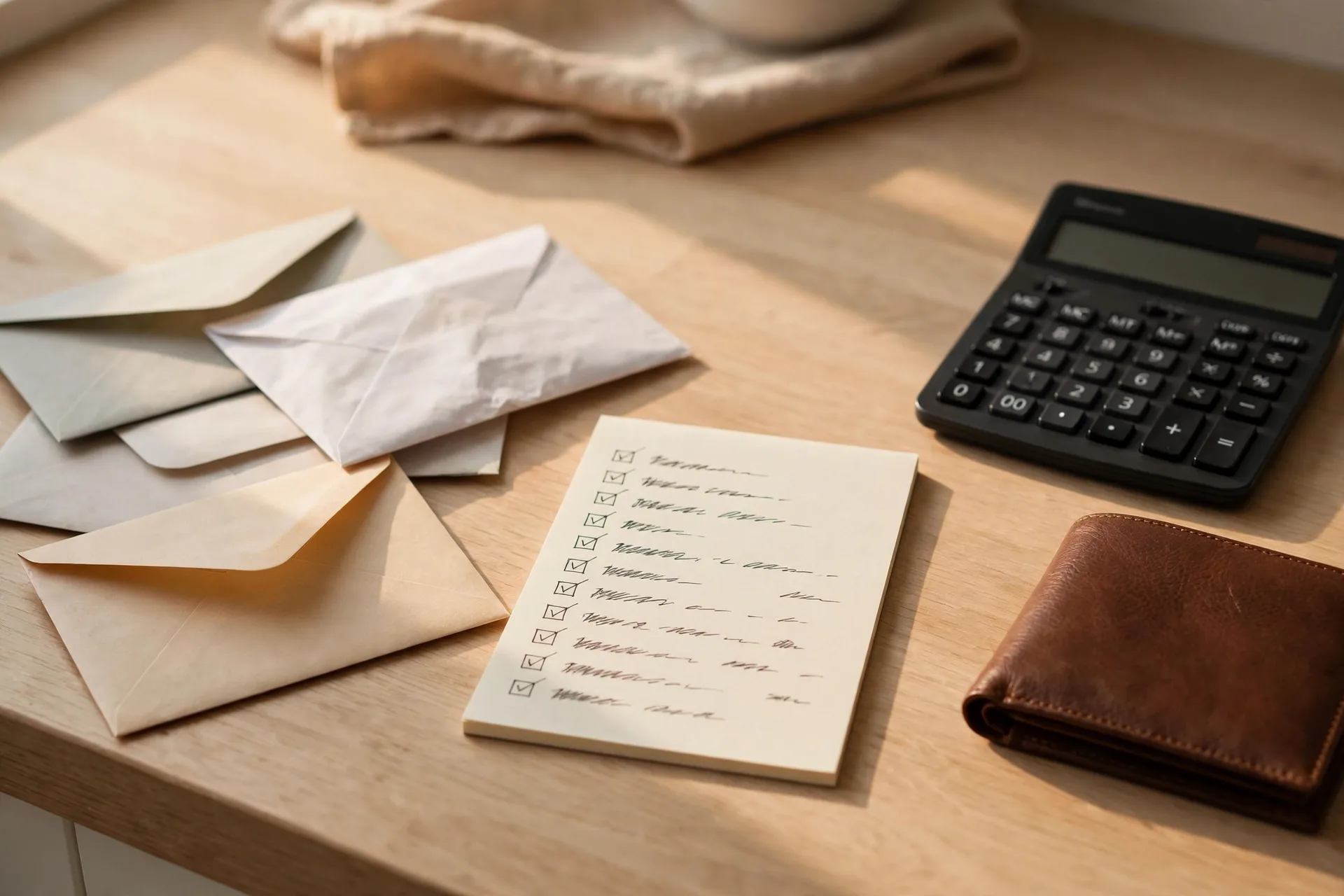 Household bills and grocery list on a kitchen counter showing survival budget essentials for variable income