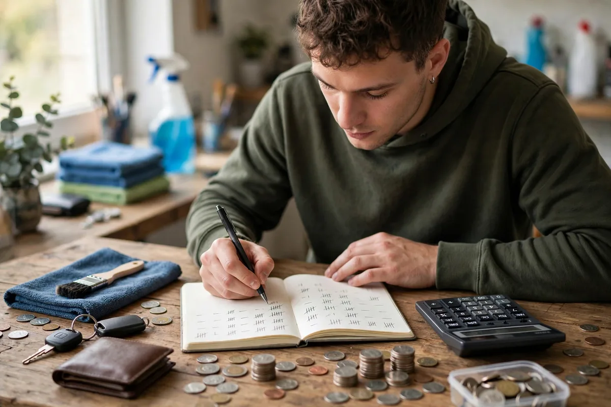 Person calculating car detailing business earnings with a notebook calculator and coins