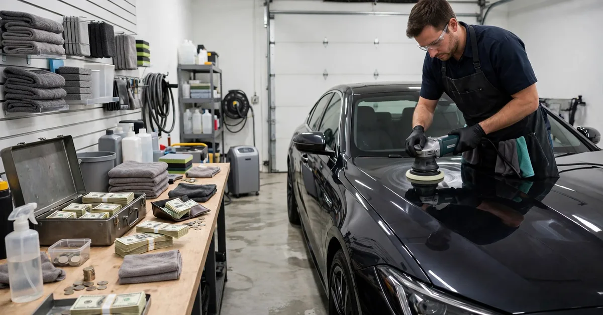 Professional car detailer polishing a shiny car in a garage for a car detailing business